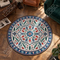Iznik Tulip Cobalt floral round rug in a styled room - floral circle area rug