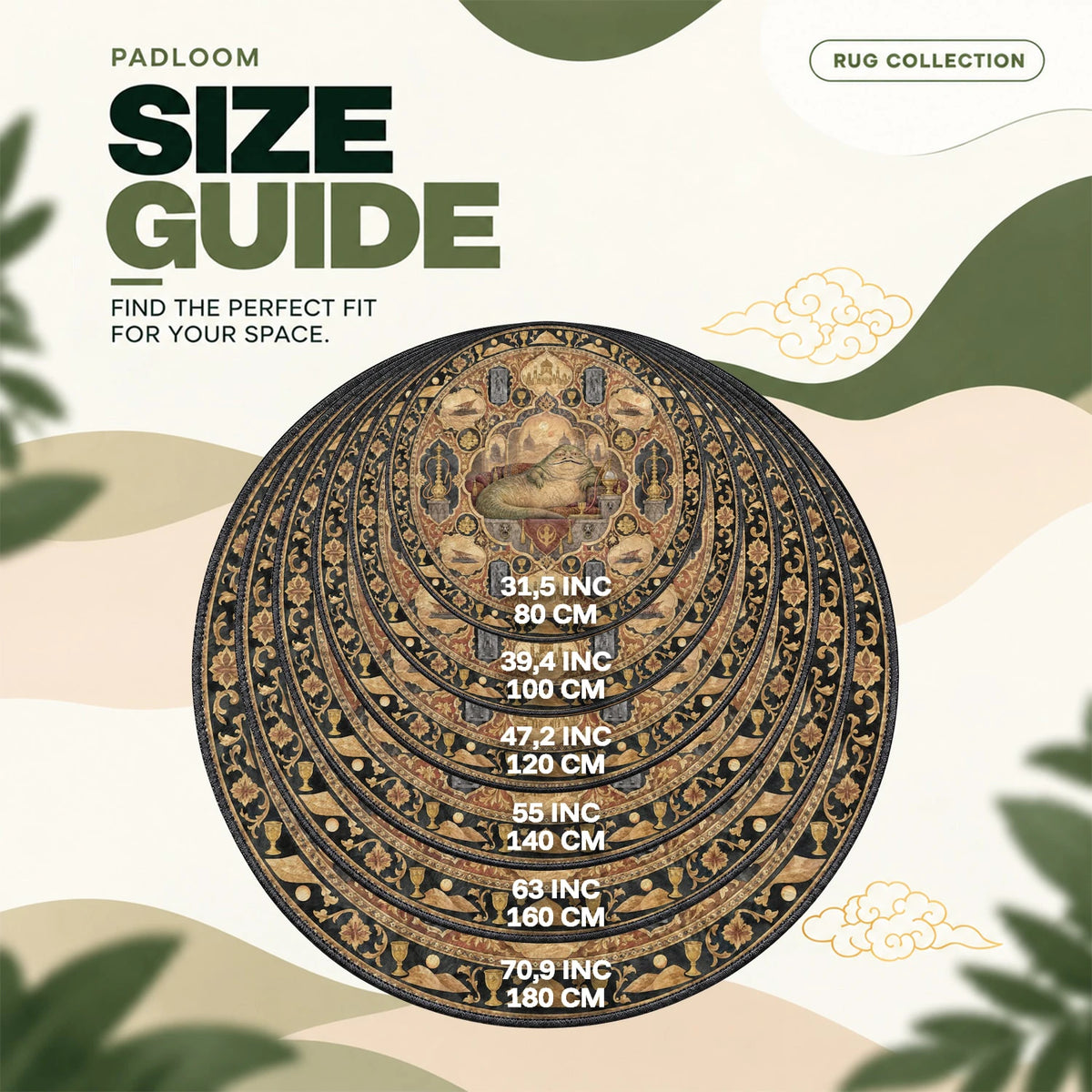 Jabba Reclining round rug size guide, 80 to 180 cm (31.5 to 70.9 in)
