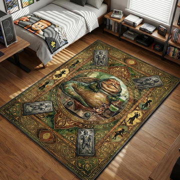 Jabba the Hutt and Han Solo in carbonite vintage tapestry art style movie themed area rug and home theater mat