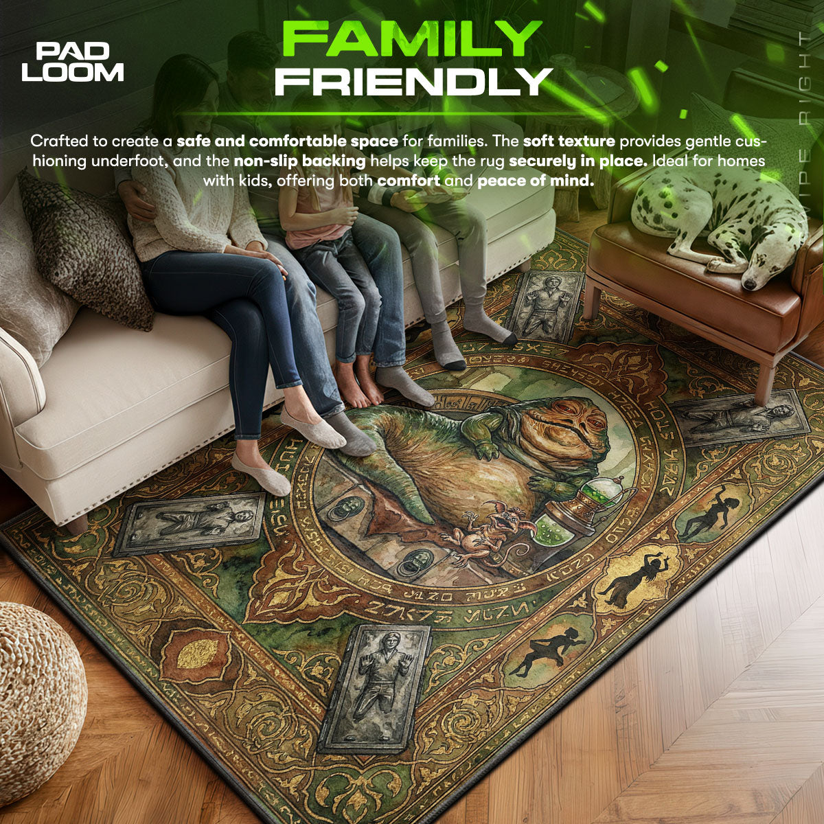 Jabba area rug showing full home decor artwork