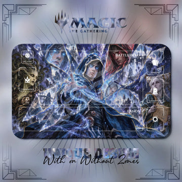 Jace Shattered MTG playmat, blue and navy art with play zones, 24 x 14 in