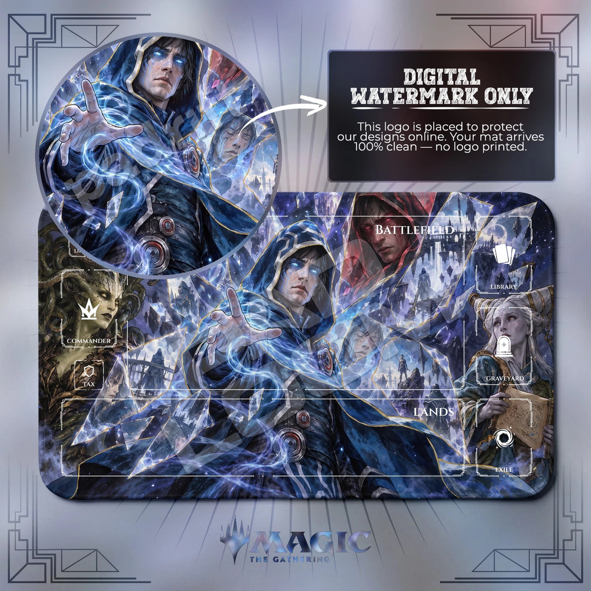 Jace Shattered MTG playmat with zones; the Padloom watermark is digital only, not printed