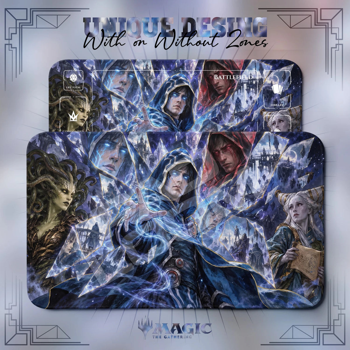 Jace Shattered MTG playmat shown with zones and without zones