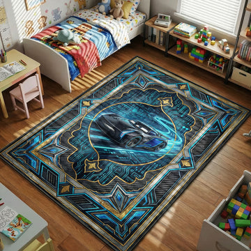Jackson Storm Cars kids area rug with binary code on dark grey cyan carbon fiber tapestry