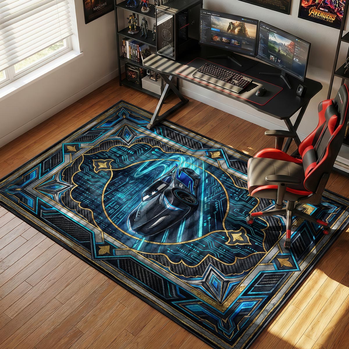 Jackson Storm rug placed in a dark bedroom with LED desk setup and charcoal walls