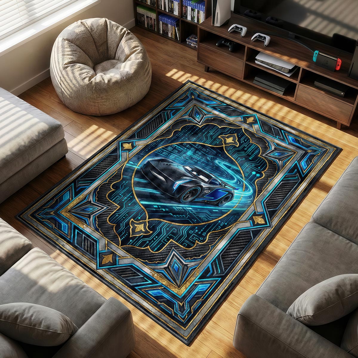 Close-up of Jackson Storm area rug showing circuit board detail and cyan dye-sublimation