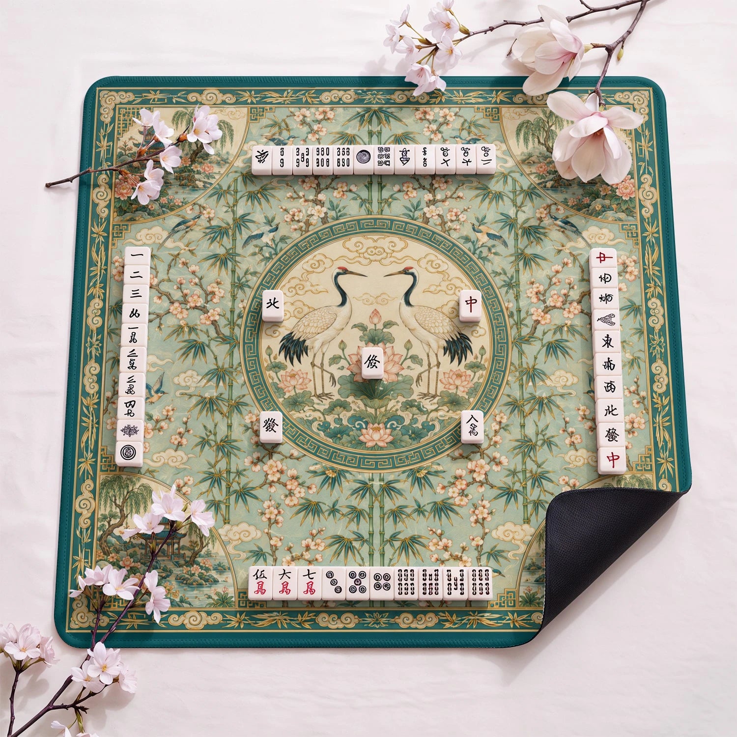 Jade Crane Chinoiserie Mahjong Mat - Mah Jongg Mat