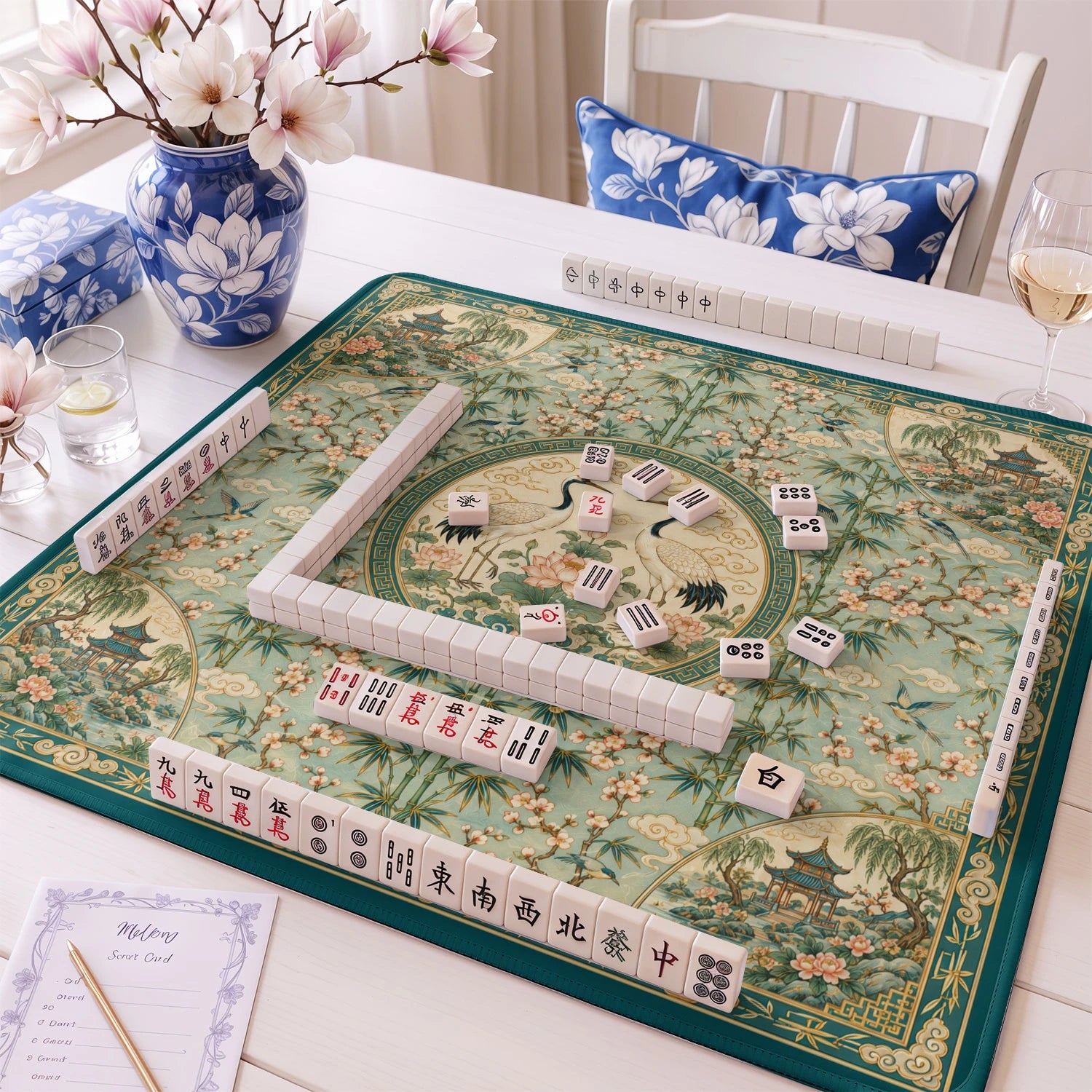 Jade Crane Chinoiserie Mahjong Mat - Mah Jongg Mat