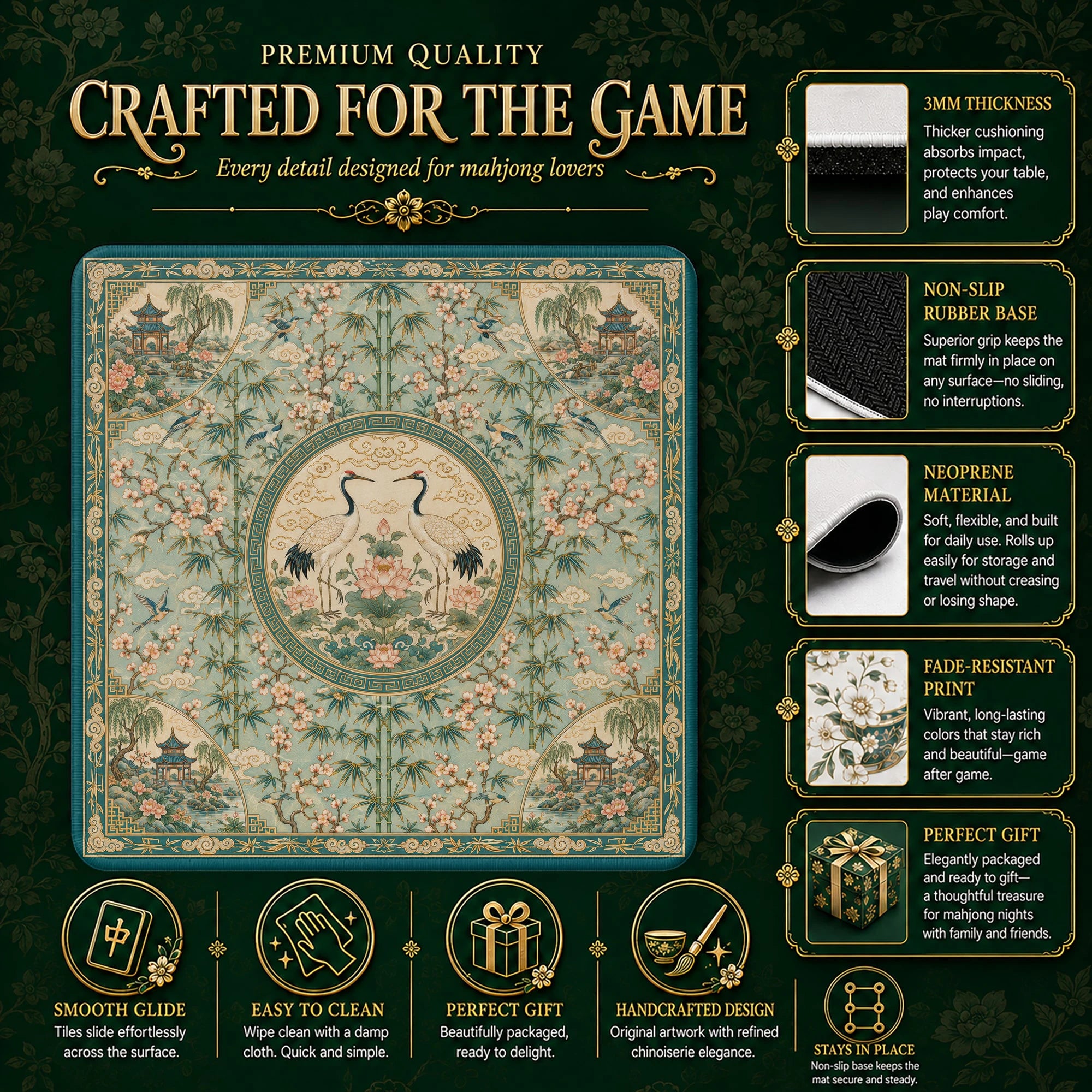 Jade Crane Chinoiserie Mahjong Mat - Mah Jongg Mat