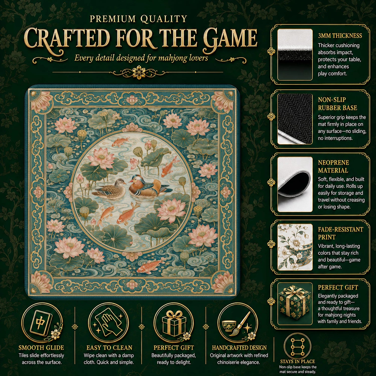 Jade Mandarin Duck Mahjong Mat - Mah Jongg Mat