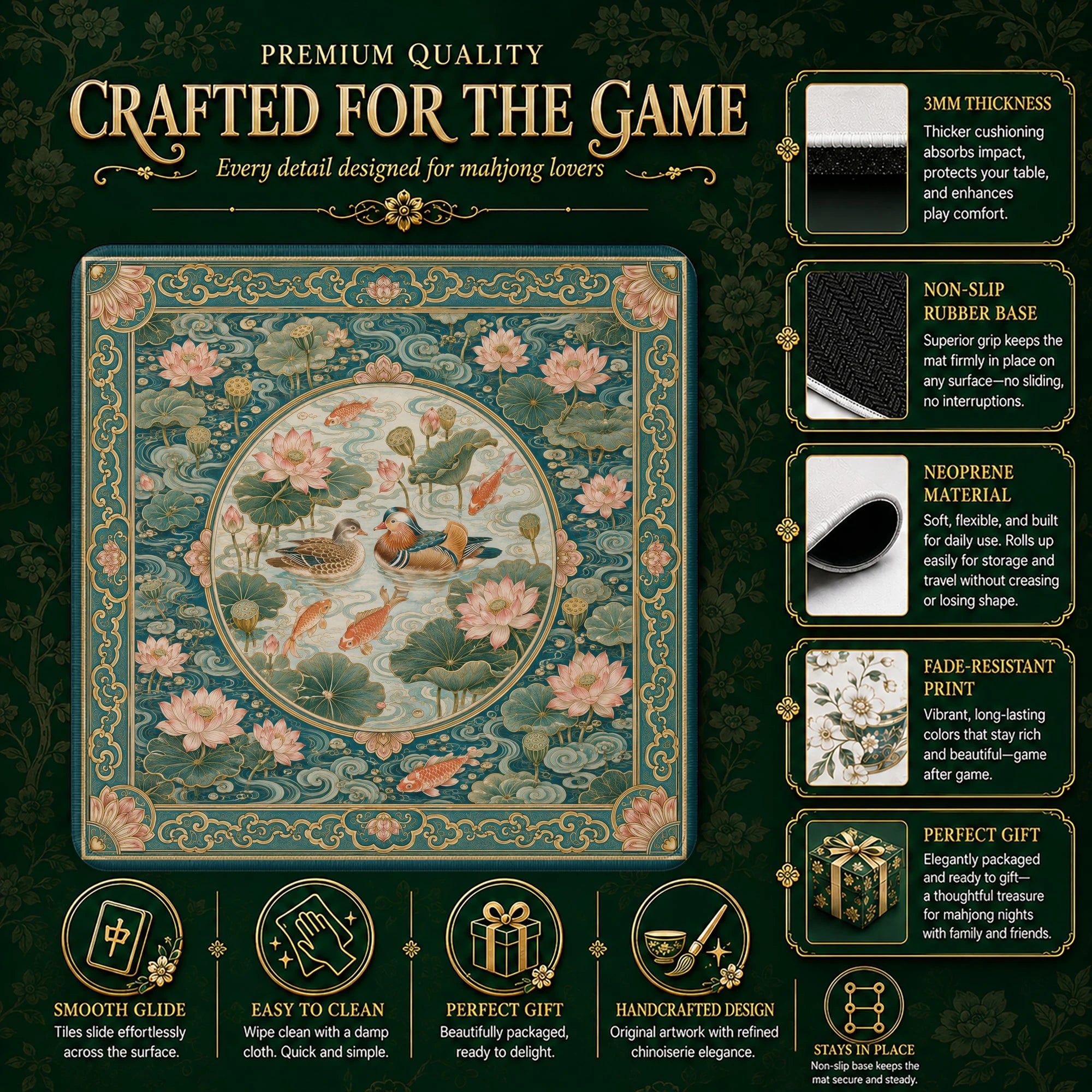 Jade Mandarin Duck Mahjong Mat - Mah Jongg Mat