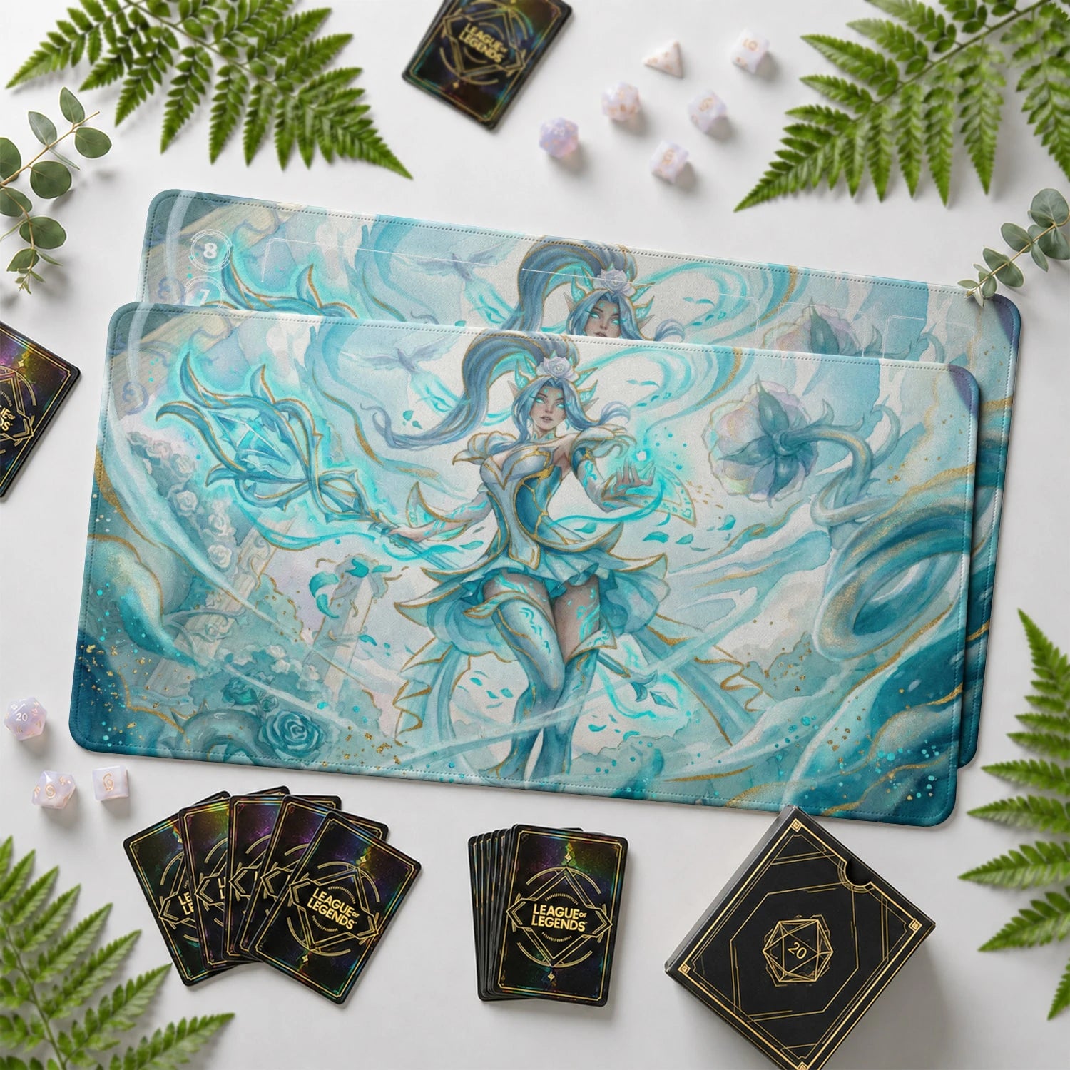 Janna Zephyr Riftbound TCG playmat with card zones and score track – LoL game mat