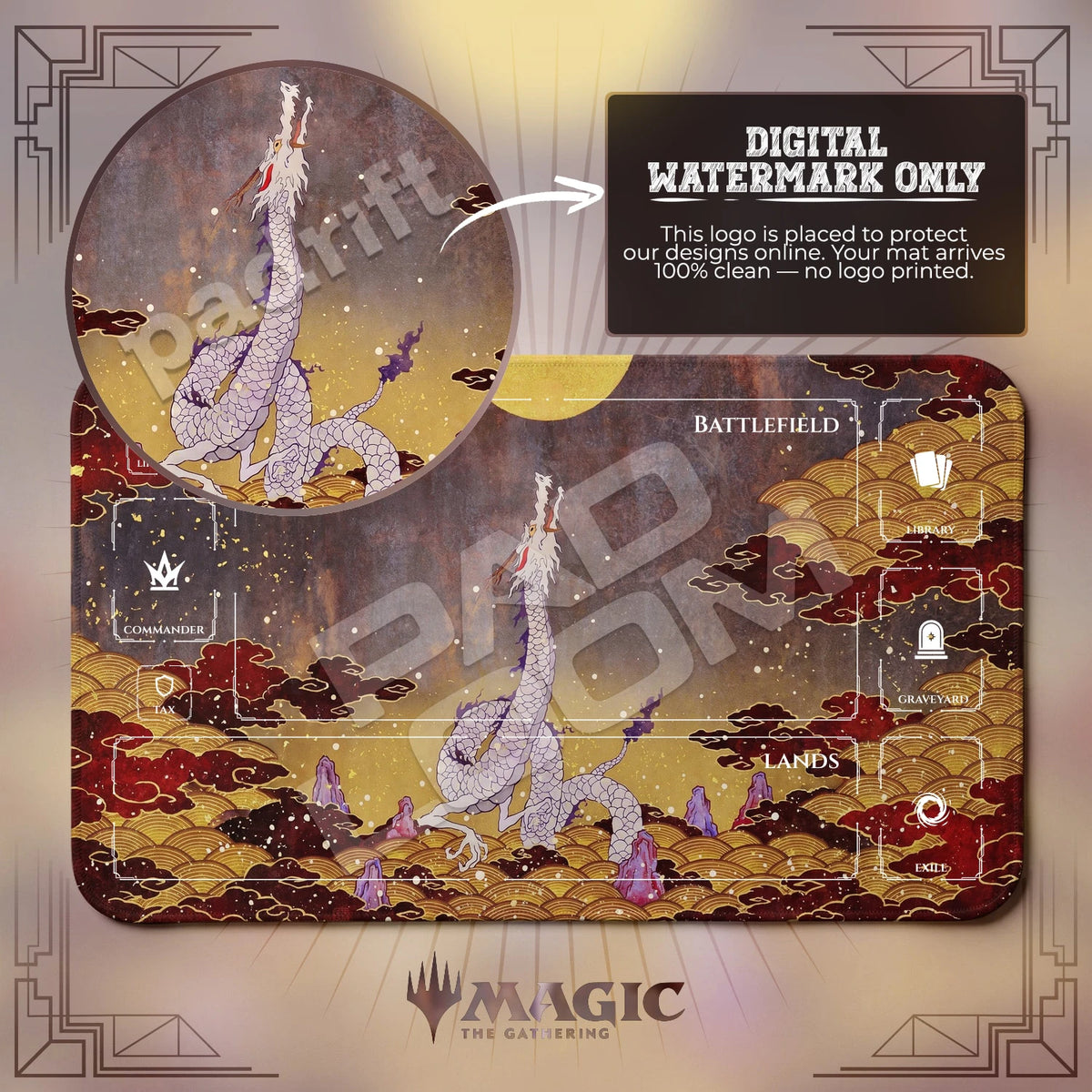 Japanese Dragon Moon MTG playmat with zones; the Padloom watermark is digital only, not printed