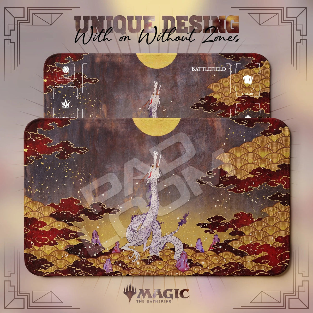Japanese Dragon Moon MTG playmat shown with zones and without zones