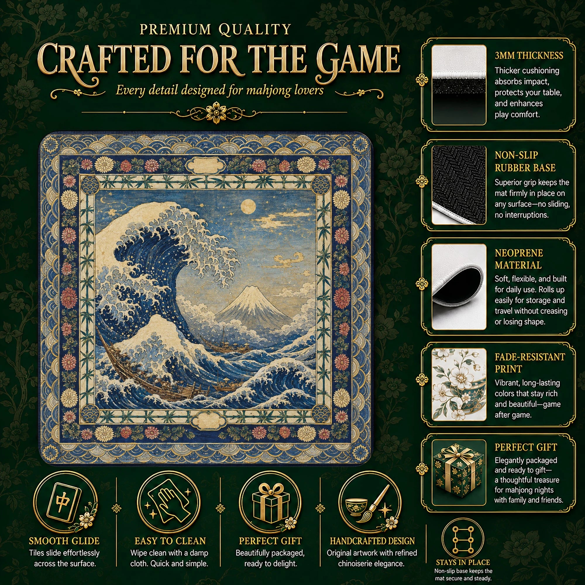 Japanese Wave Mahjong Mat - Mah Jongg Table Mat