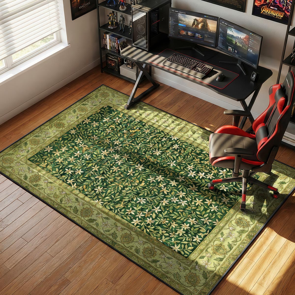 Green jasmine rug placed in a sunroom with indoor plants and white wicker furniture