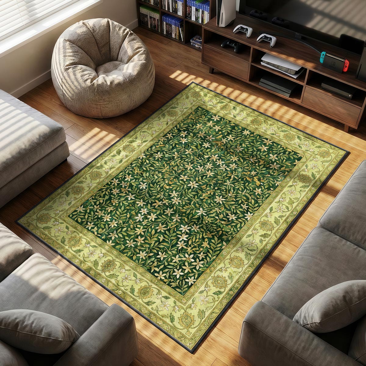 Close-up of jasmine thicket rug showing star-shaped flower detail and gold leaf flecks on velvet