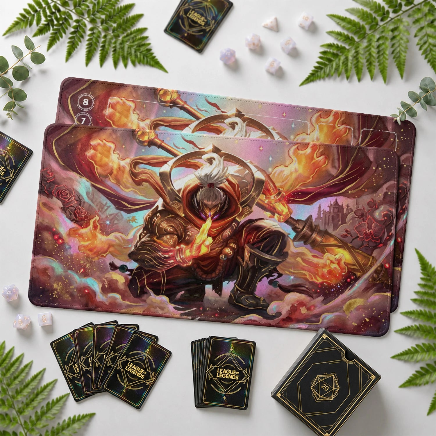 Jax Embermonk Riftbound TCG playmat with card zones and score track – LoL game mat