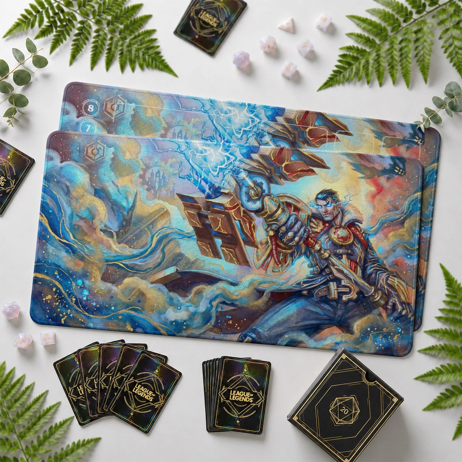 Jayce Voltcraft Riftbound TCG playmat with card zones and score track – LoL game mat