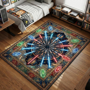 Star Wars lightsabers and Kyber crystals radiating in an ornate tapestry mandala style movie themed area rug and home theater mat