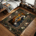 Art Nouveau style rug featuring Jet Black from Cowboy Bebop showing his robotic arm, surrounded by bonsai trees, gears, and cigarettes in a decorative frame.