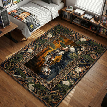 Art Nouveau style rug featuring Jet Black from Cowboy Bebop showing his robotic arm, surrounded by bonsai trees, gears, and cigarettes in a decorative frame.