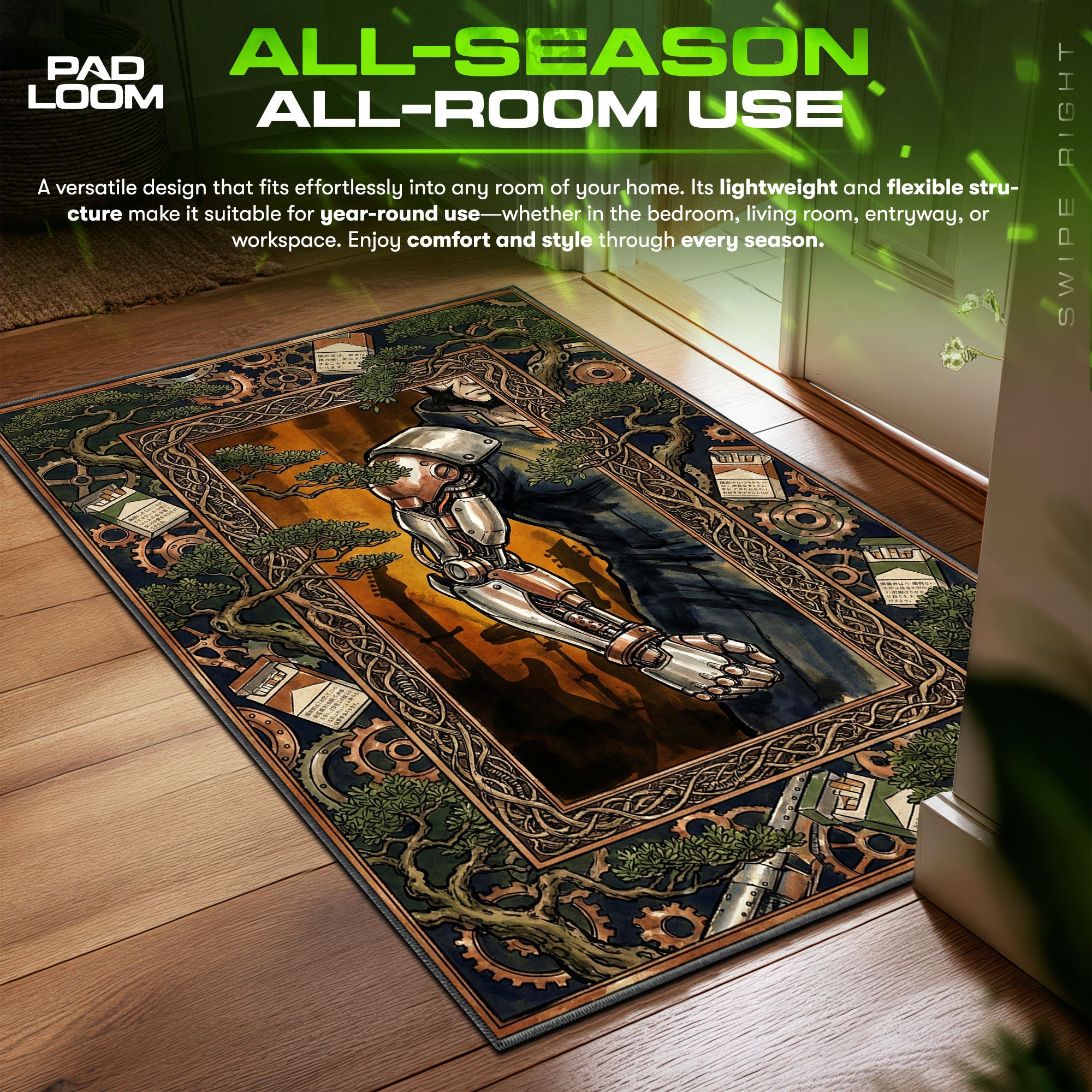 Jet Black Cybernetic Art Nouveau Cowboy Bebop Chair fan rug — premium quality print