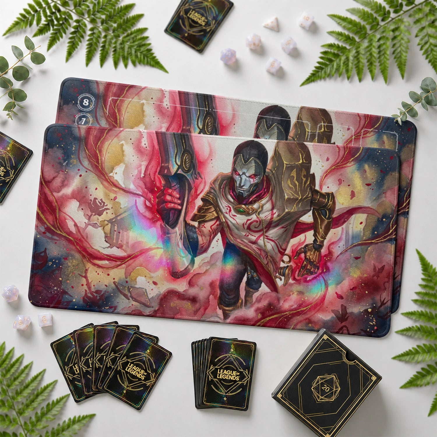 Jhin Encore Riftbound TCG playmat with card zones and score track – LoL game mat