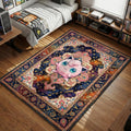 Jigglypuff singing amidst music notes and Zzz symbols in a pink and purple traditional pattern area rug and floor mat