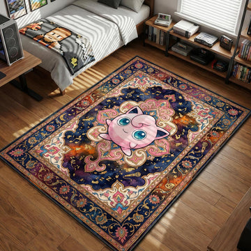 Jigglypuff singing amidst music notes and Zzz symbols in a pink and purple traditional pattern area rug and floor mat