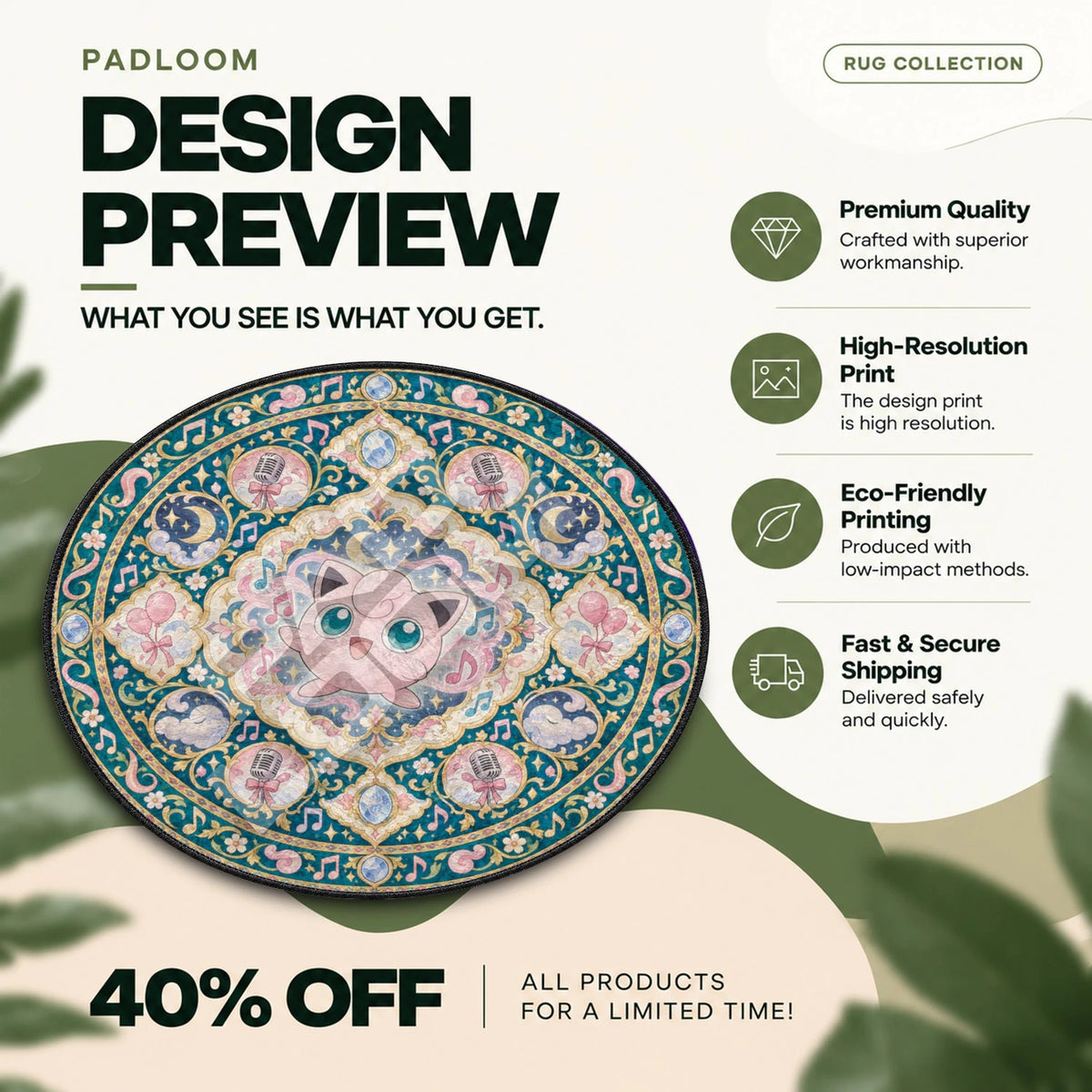 Jigglypuff Serenade Pokemon round rug full design preview