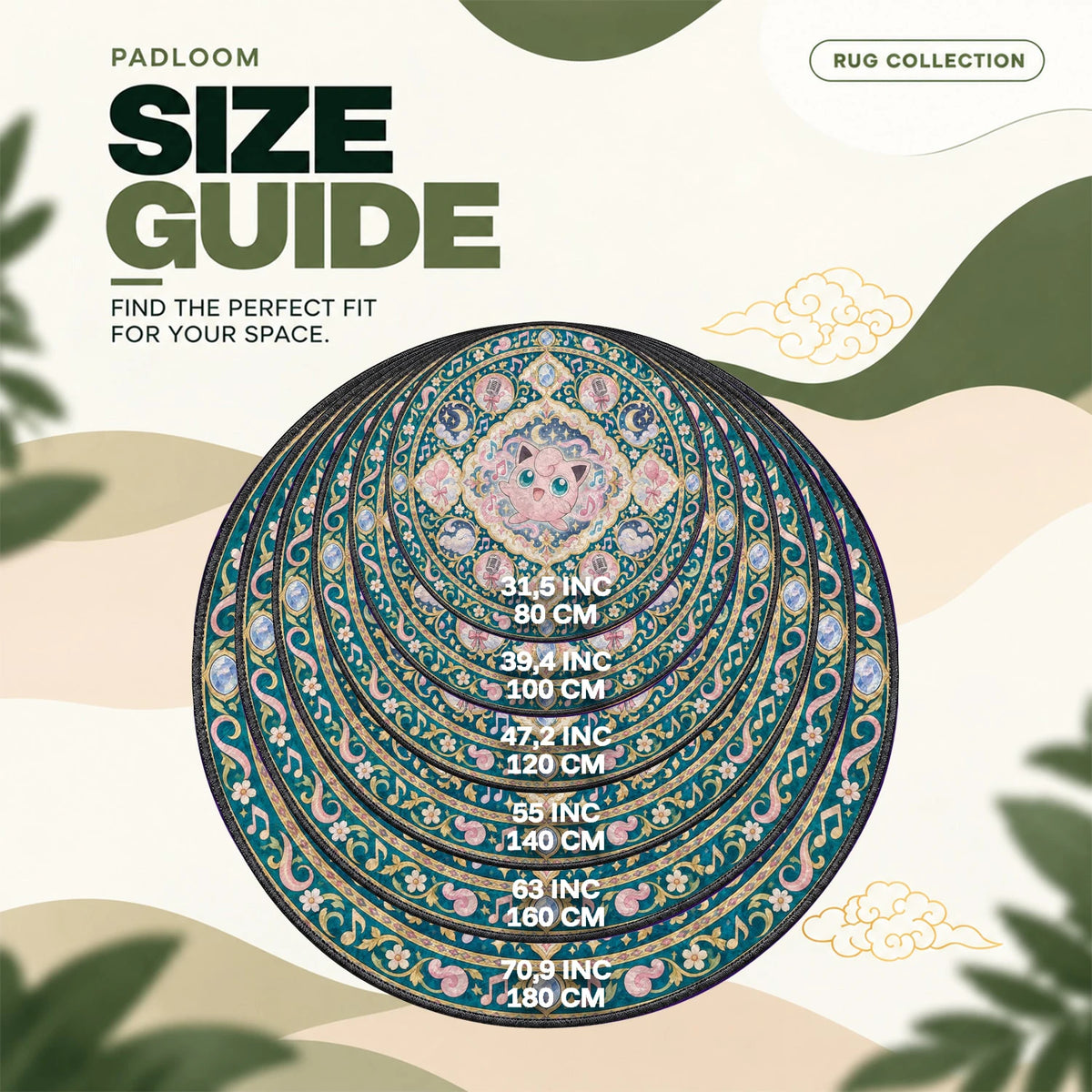 Jigglypuff Serenade round rug size guide, 80 to 180 cm (31.5 to 70.9 in)