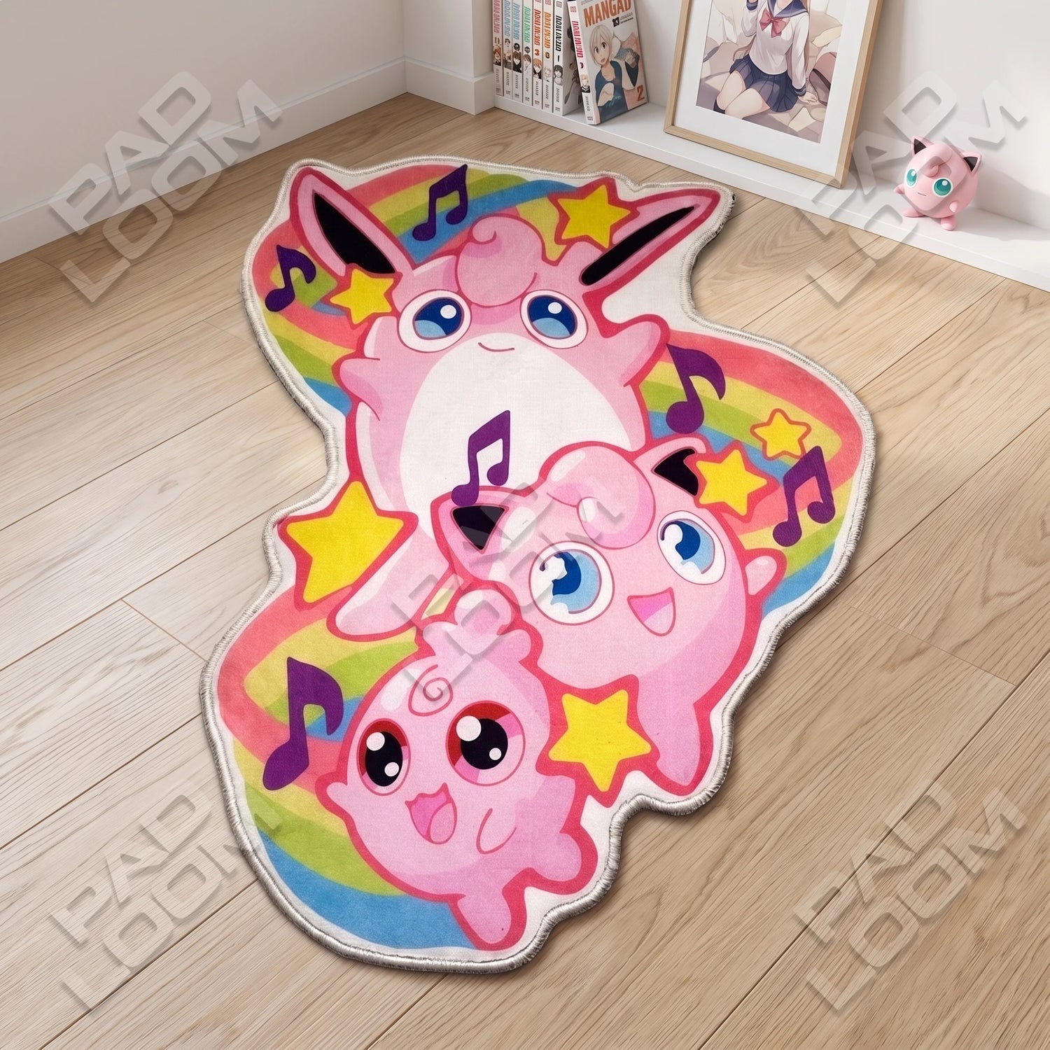 Jigglypuff Trio shaped rug close-up, soft washable pile