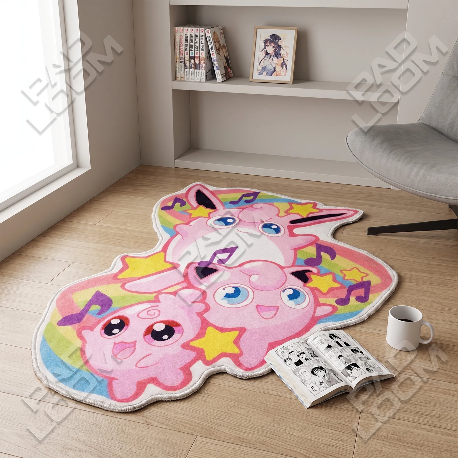 Jigglypuff Trio shaped rug shown in a room setting