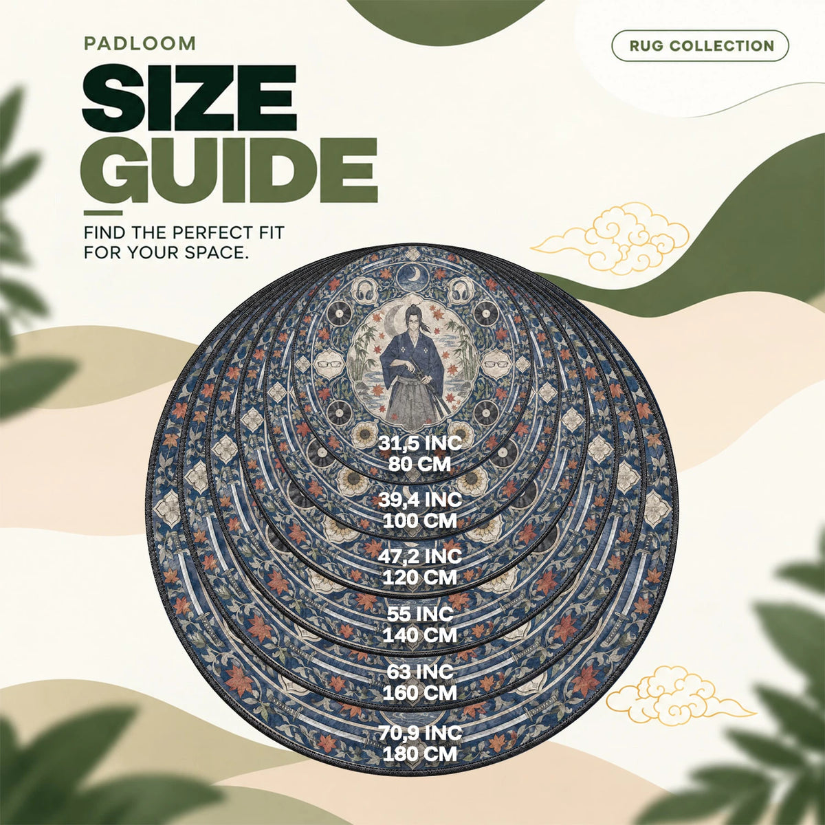 Jin Moonlit round rug size guide, 80 to 180 cm (31.5 to 70.9 in)