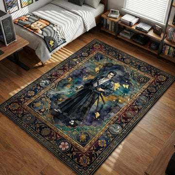 Jin standing stoically in blue kimono with katana amidst traditional Japanese waves and gold leaf style area rug and floor mat