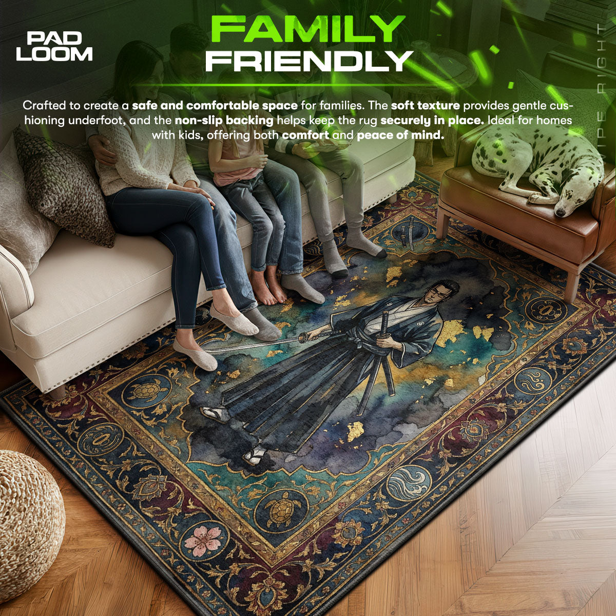 Jin area rug showing full home decor artwork