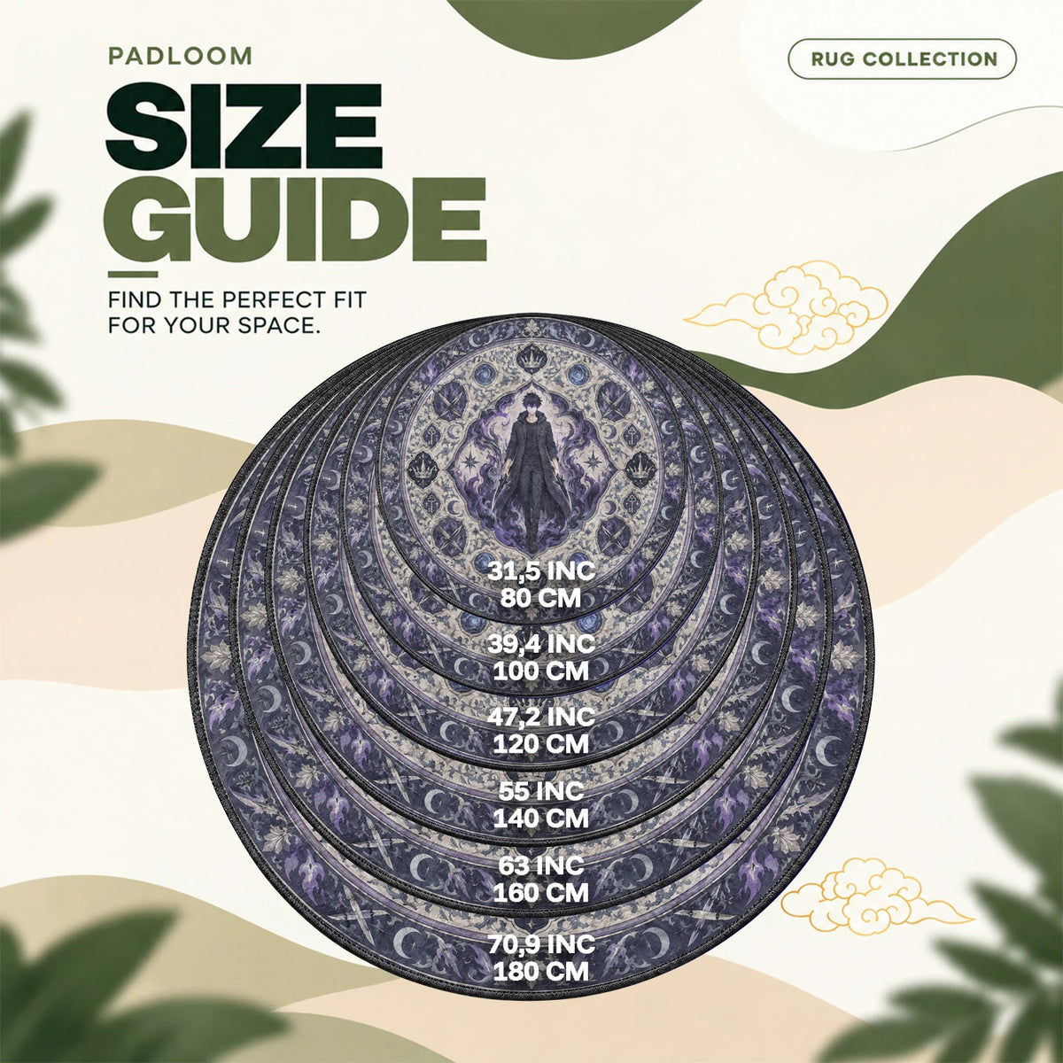 Jinwoo Shadow round rug size guide, 80 to 180 cm (31.5 to 70.9 in)