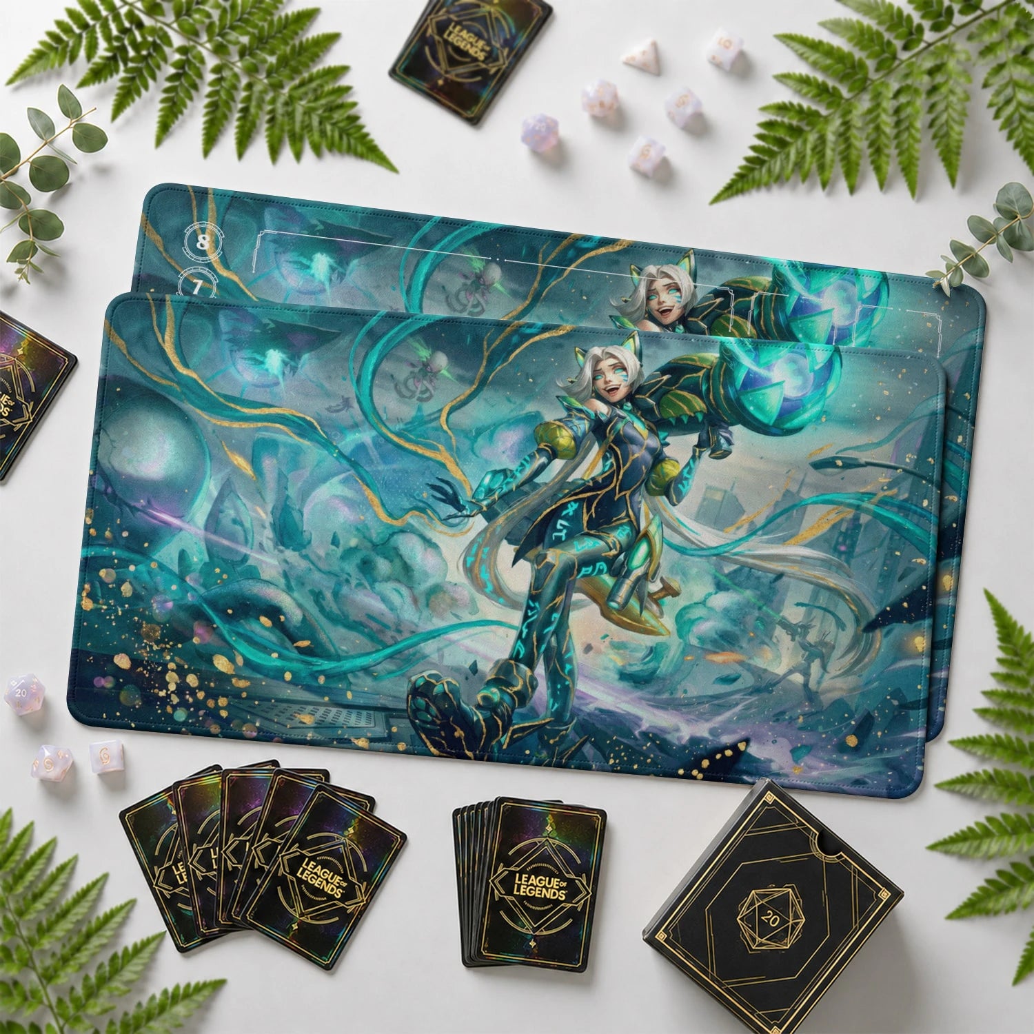 Jinx Arcana Riftbound TCG playmat with card zones and score track – LoL game mat