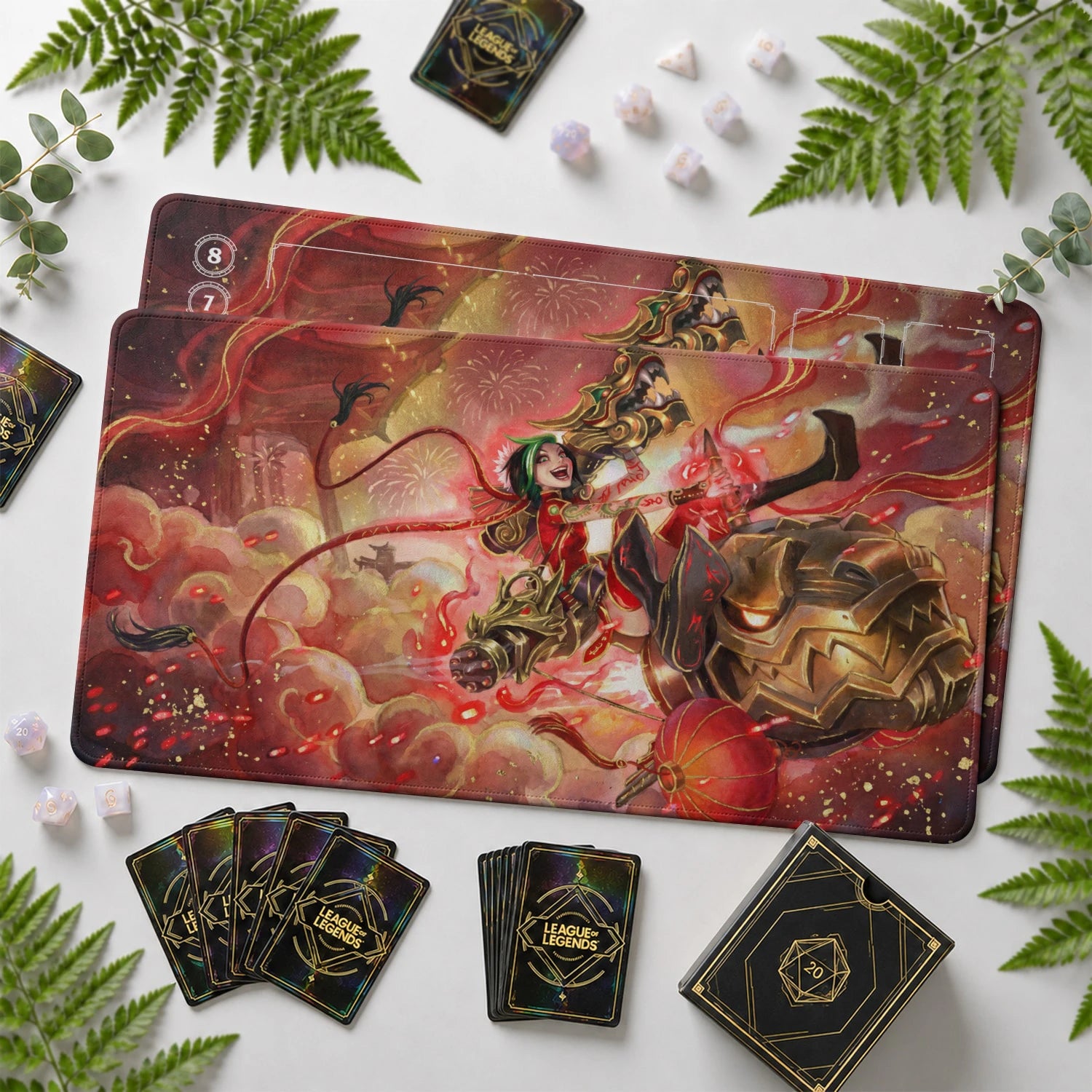 Jinx Lunar Riftbound TCG playmat with card zones and score track – LoL game mat