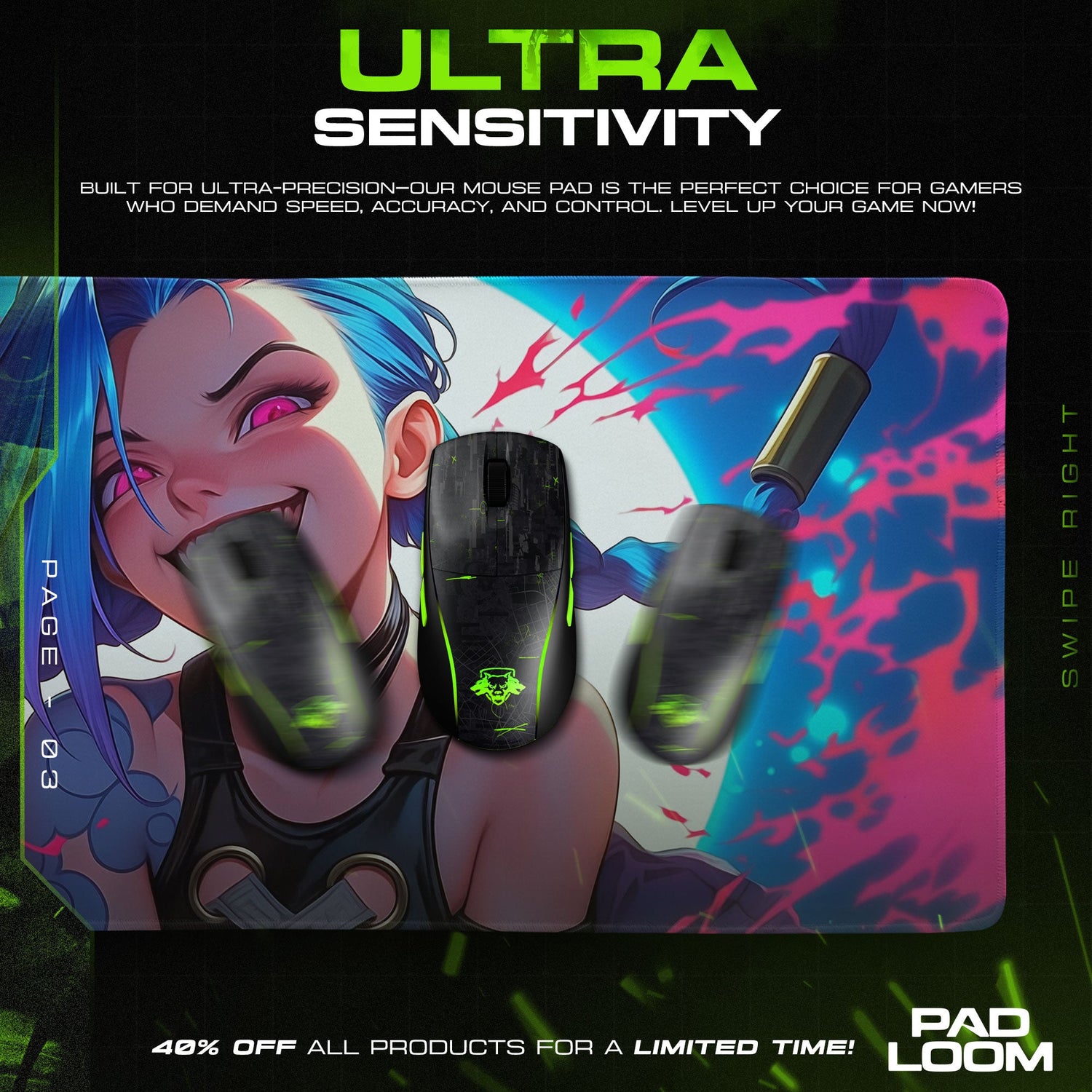 Jinx Graffiti Smile Mouse Pad, Arcane Riot Gaming Desk Mat Padloom