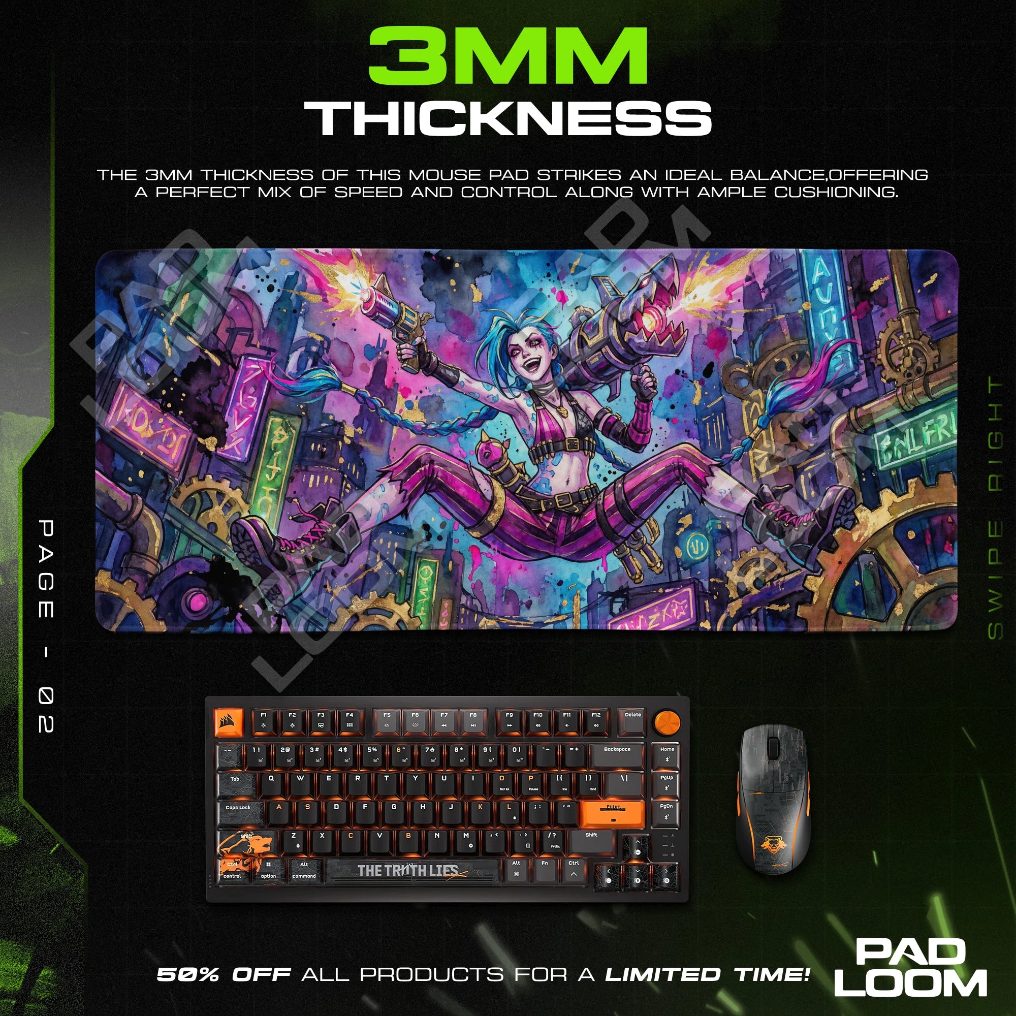 Jinx Neon Riot Mouse Pad - Arcane League Desk Mat