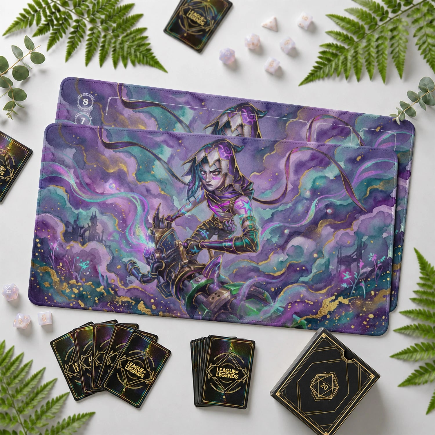 Jinx Odyssey Riftbound TCG playmat with card zones and score track – LoL game mat