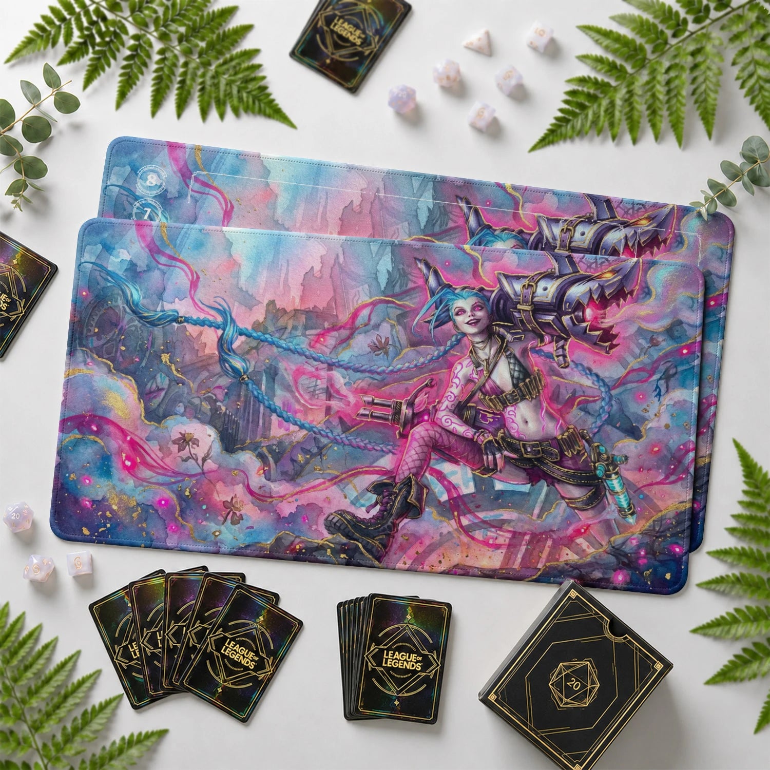 Jinx Riot Riftbound TCG playmat with card zones and score track – LoL game mat