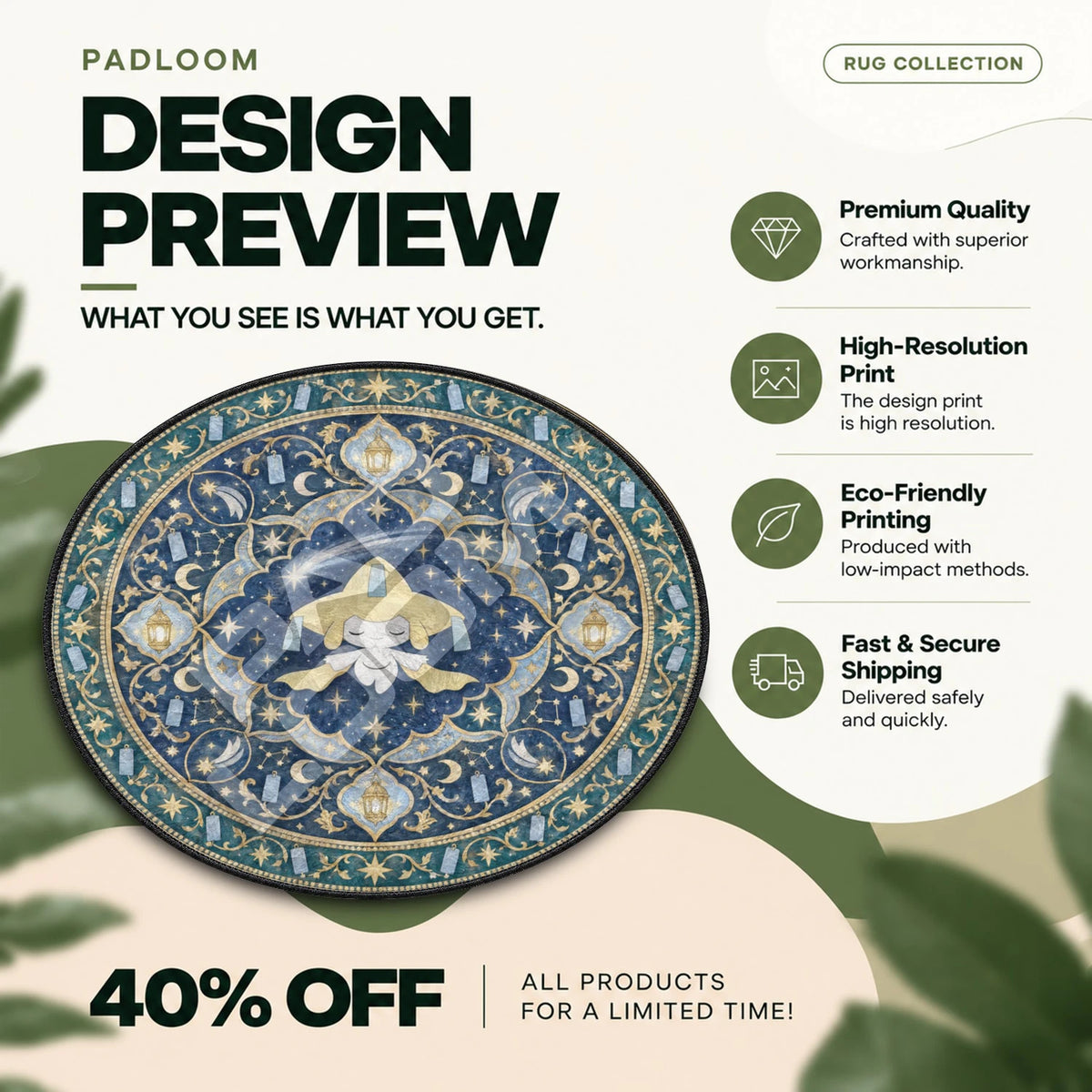 Jirachi Sleeping Pokemon round rug full design preview