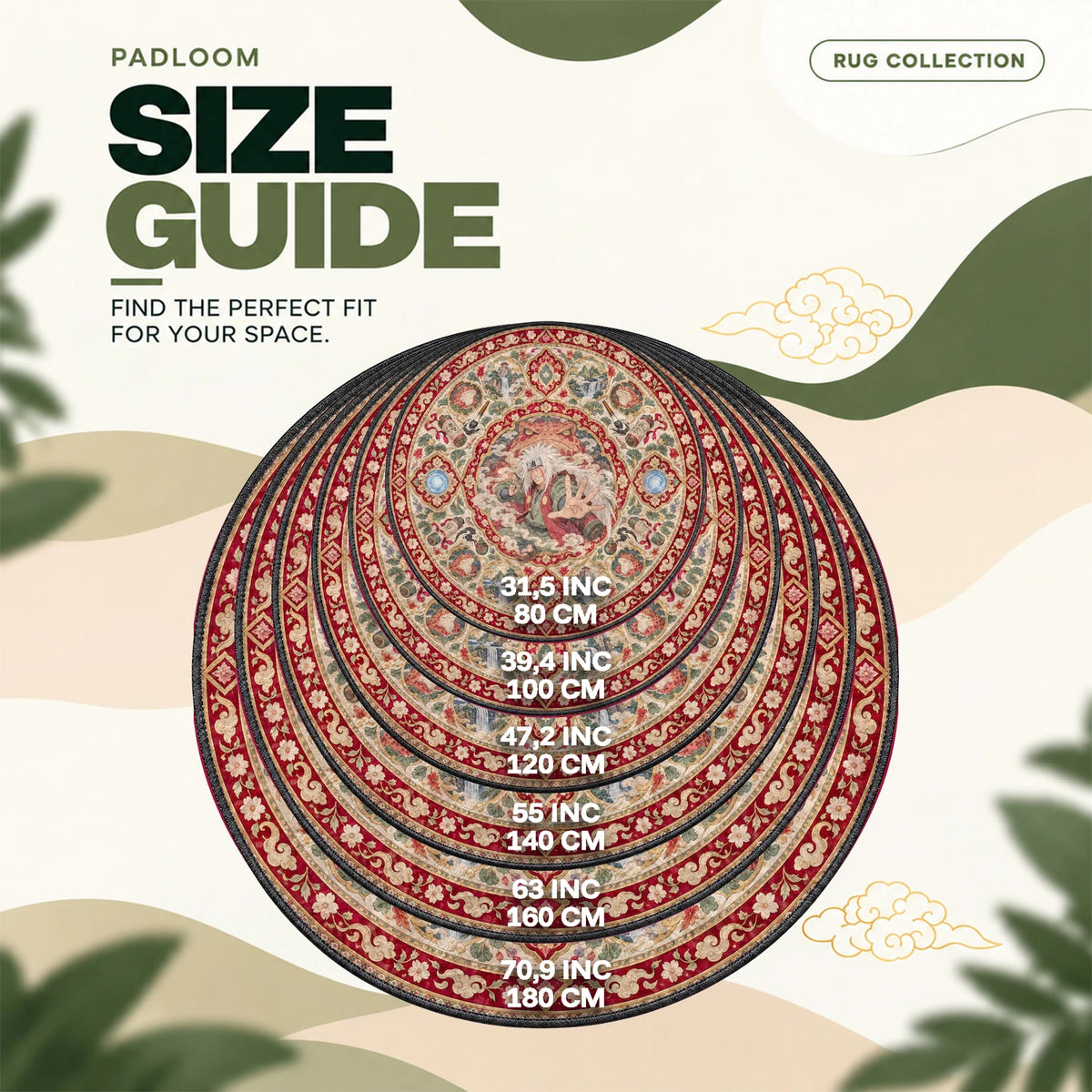 Jiraiya Toad round rug size guide, 80 to 180 cm (31.5 to 70.9 in)