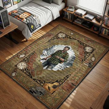 Joel Miller standing in snowy ruins framed by broken brick walls and vintage pocket watches gaming area rug and floor mat
