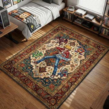 Joey Wheeler posing with Red-Eyes Black Dragon and Time Wizard in ornate floral art style area rug and floor mat