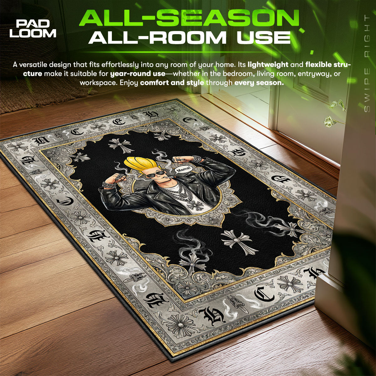 Johnny Bravo Chrome Hearts Style Floor fan rug — premium quality print