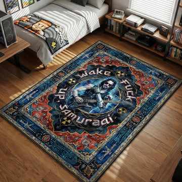 Johnny Silverhand playing guitar with Wake Up Samurai text and assault rifle border pattern gaming area rug and floor mat